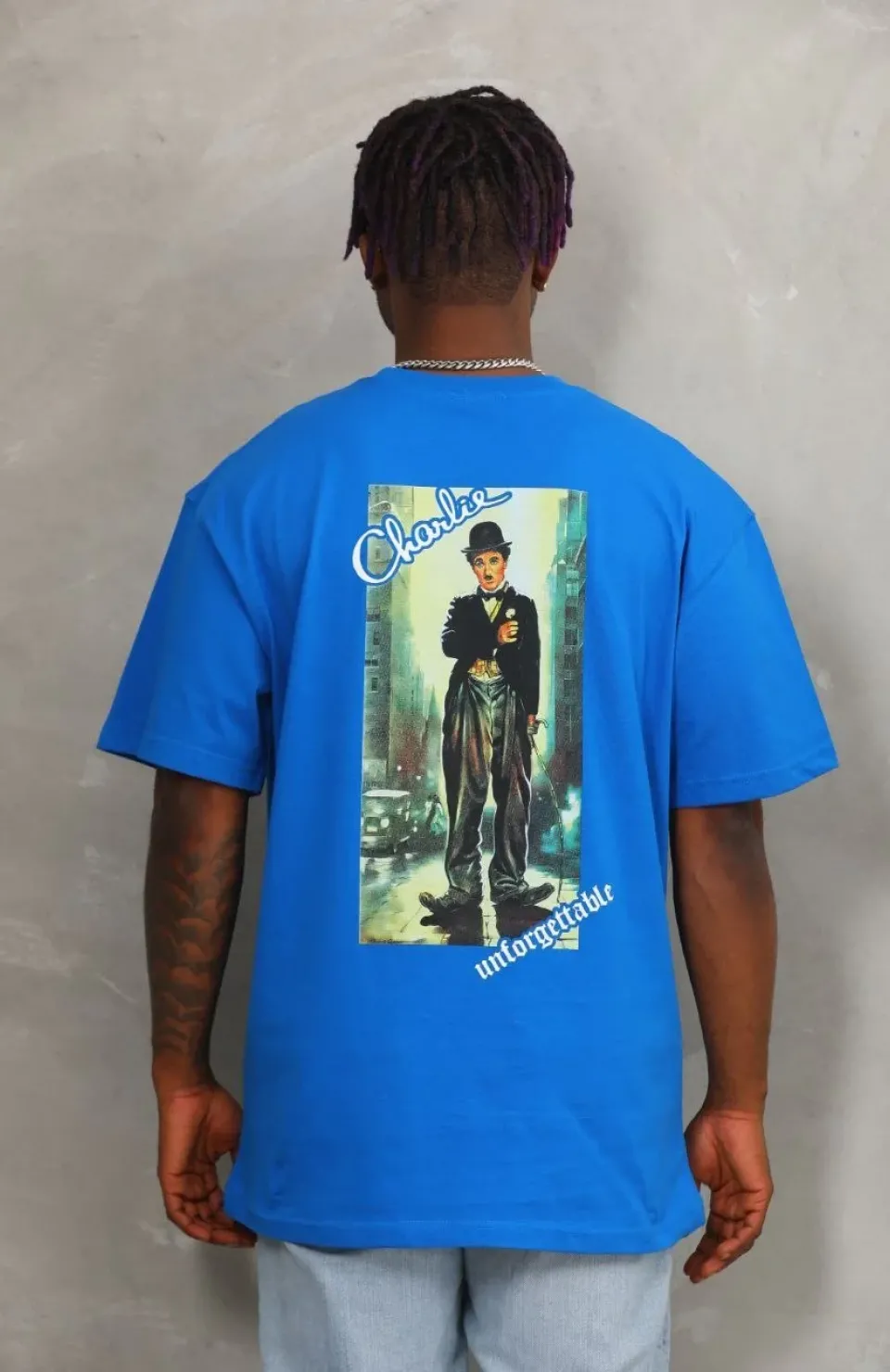 Unisex Oversize Baskılı Bisiklet Yaka T-Shirt - Mavi