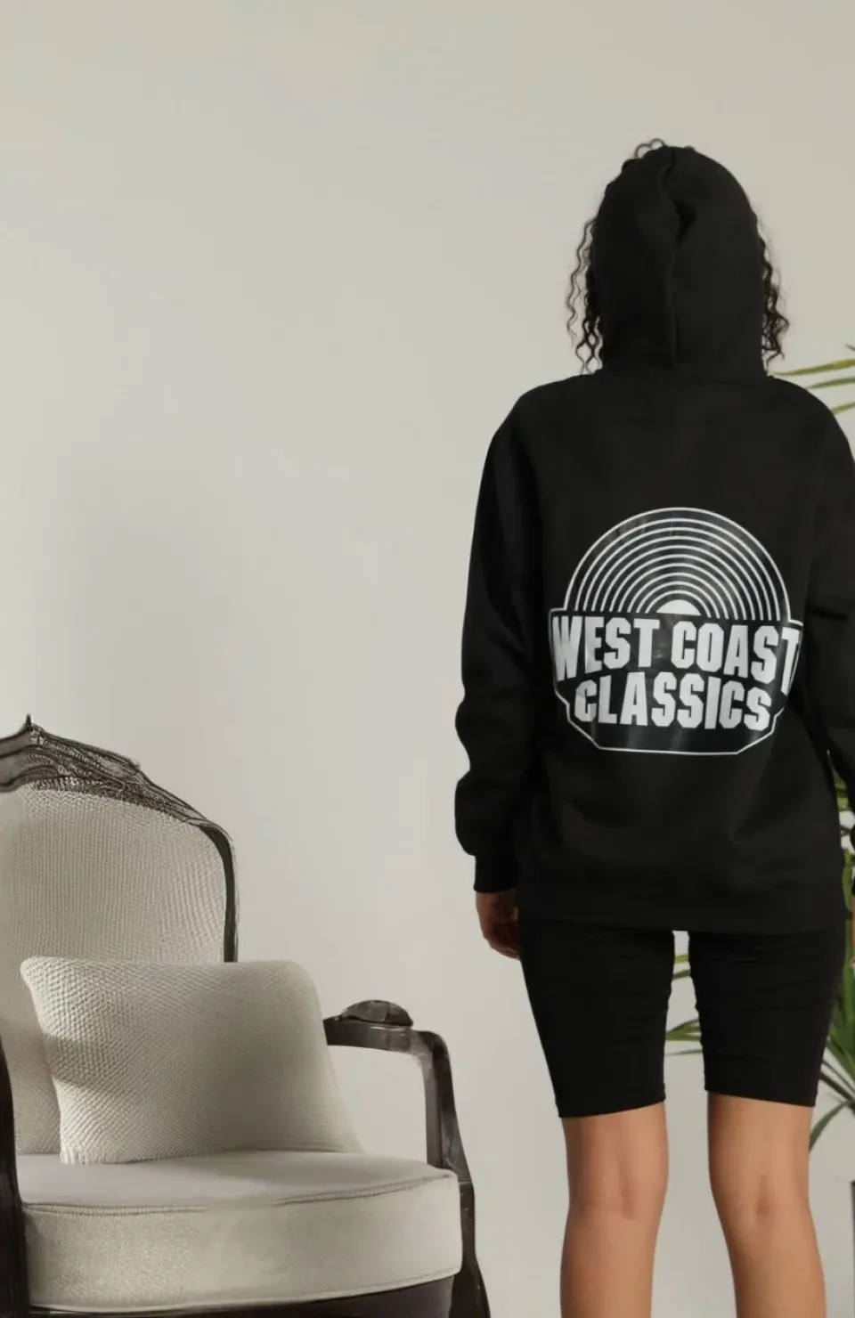 Unisex Sırt Baskılı Kapüşonlu Üç İplik Oversize Sweatshirt - Siyah