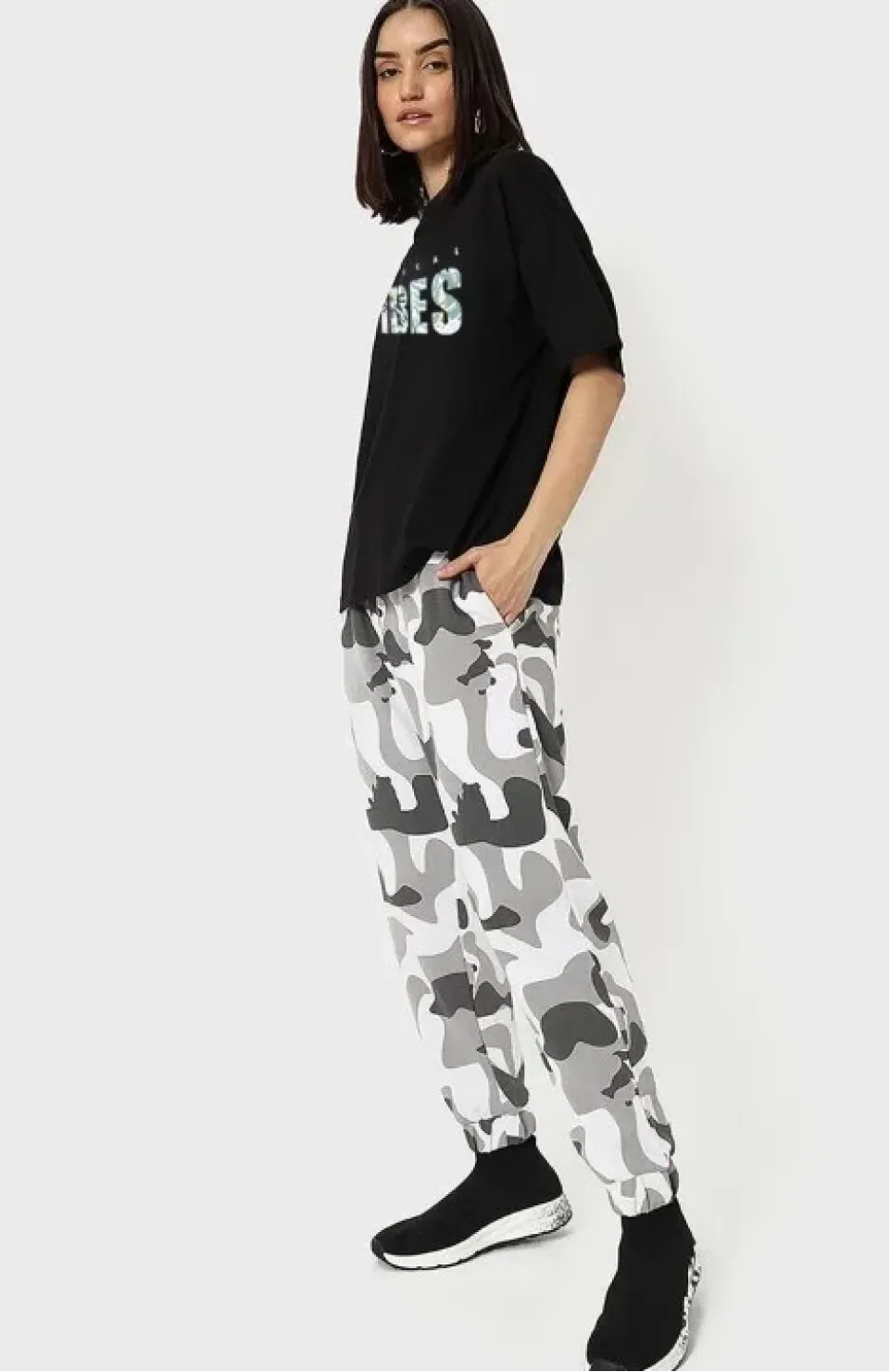 Kadın Baskılı Oversize T-shirt - Siyah