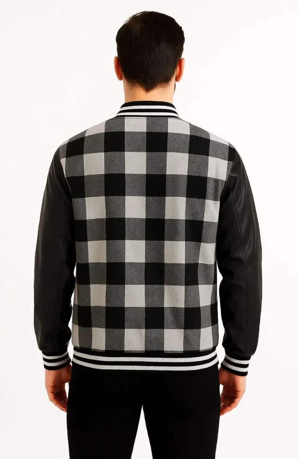 Erkek Kolej Ceket – Kareli Oduncu Kumaş, Kolları Suni Deri, Fermuarlı, İçi Kapitone Astarlı, Nakışlı Oversize Bahar & Kış Stil - Gri