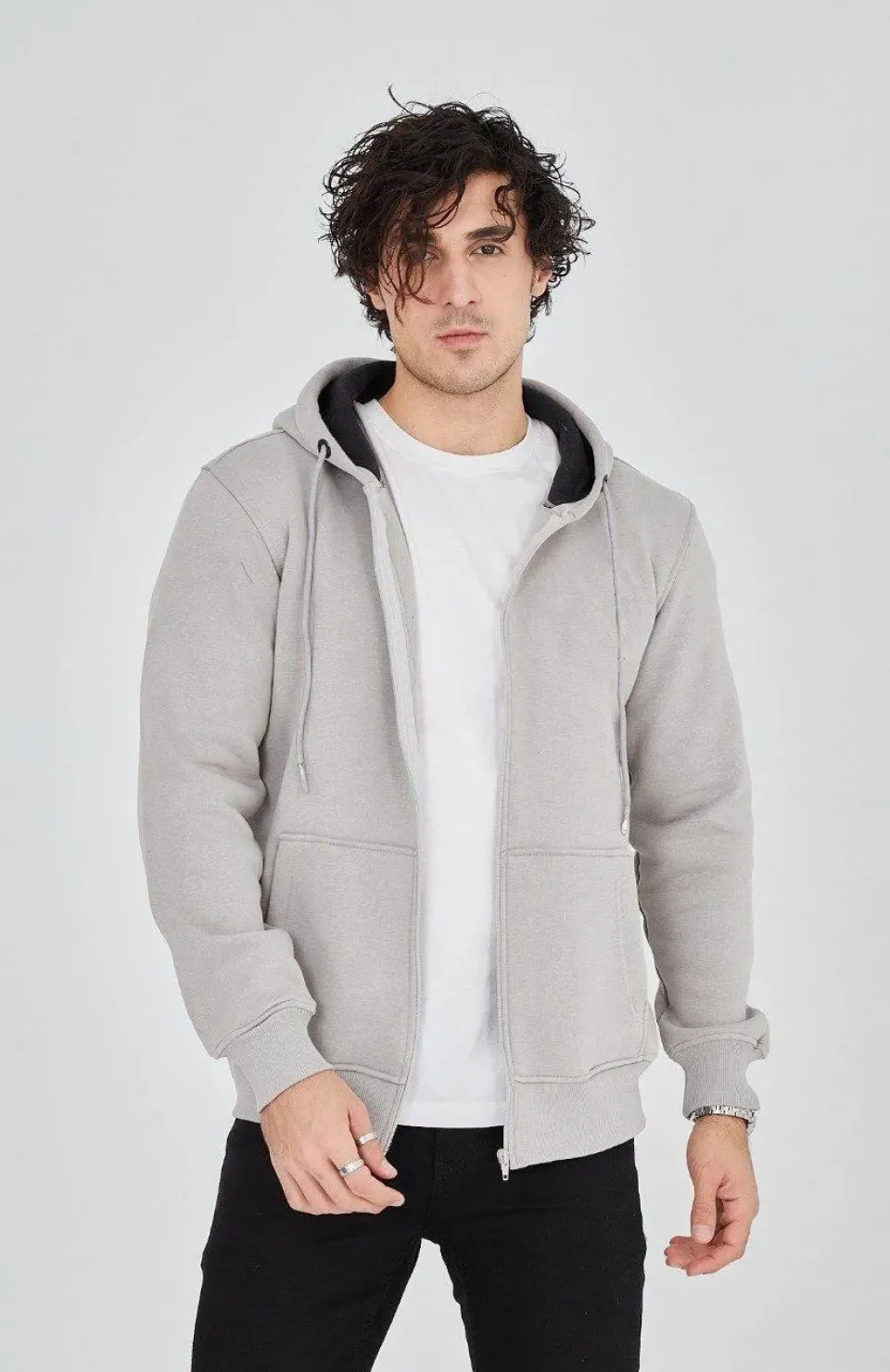 Erkek Kapüşonlu Düz Fermuarlı Hırka - Boyalı Gri Somersan Giyim | Kadın, Erkek ve Çocuk Moda