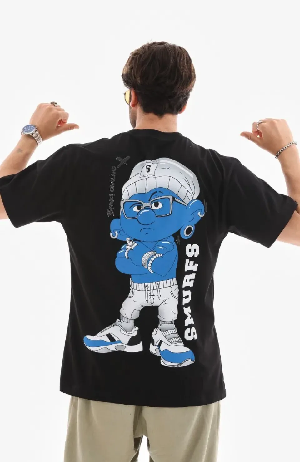 Unisex Bisiklet Yaka Baskılı Oversize T-Shirt - Siyah