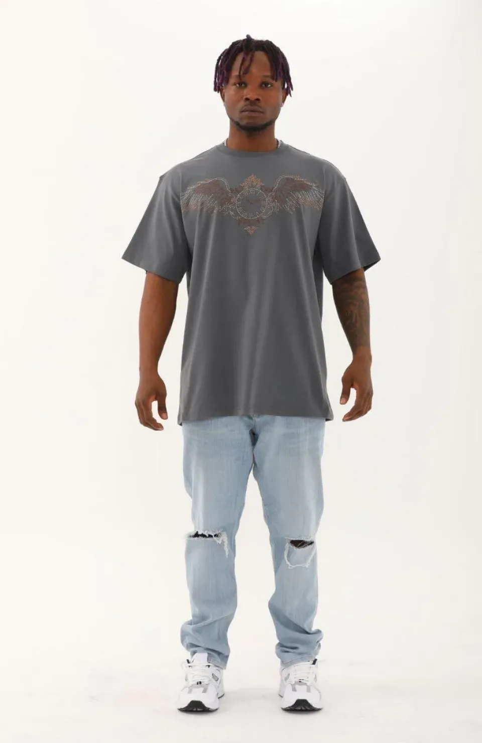 Unisex Oversize Taşlı Bisiklet Yaka T-Shirt - Füme