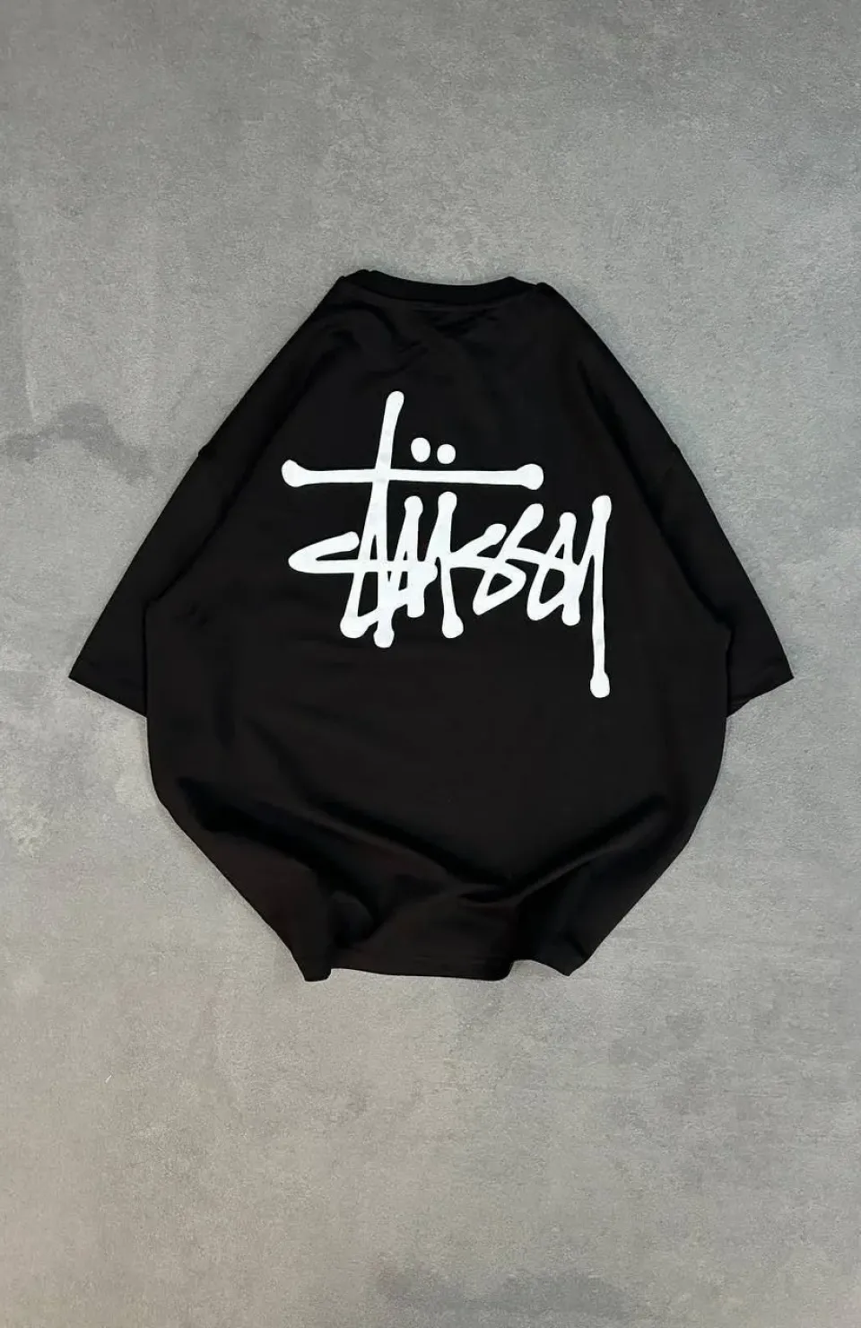 Unisex Bisiklet Yaka Baskılı Oversize T-Shirt - Siyah