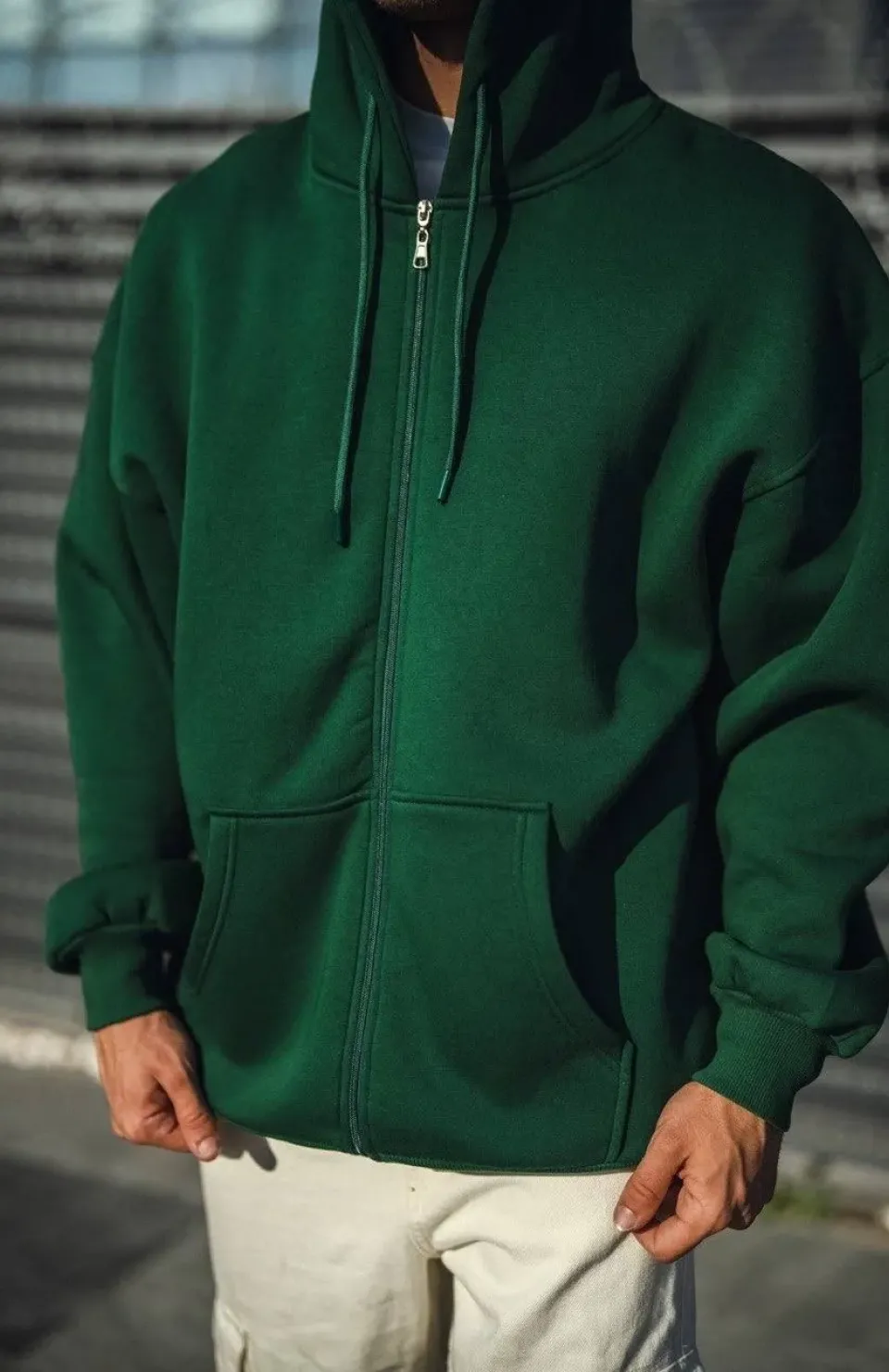 Oversize Tam Fermuarlı Uzun Kol Hırka - Haki