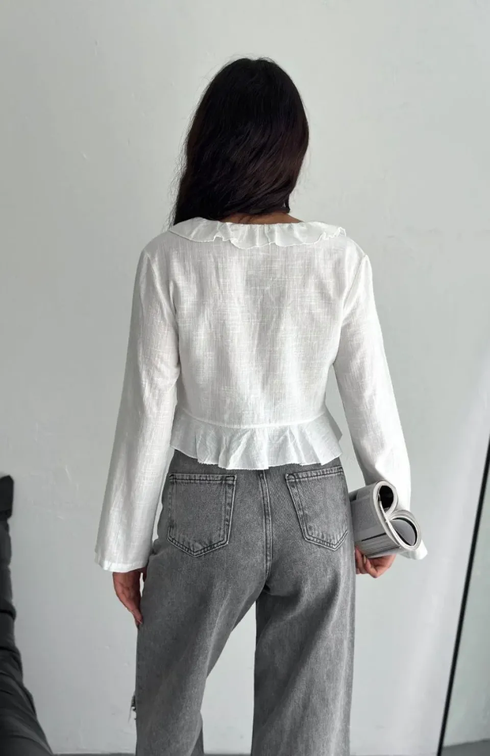 Keten Uzun Kol Bağacık Detaylı Bluz - Beyaz