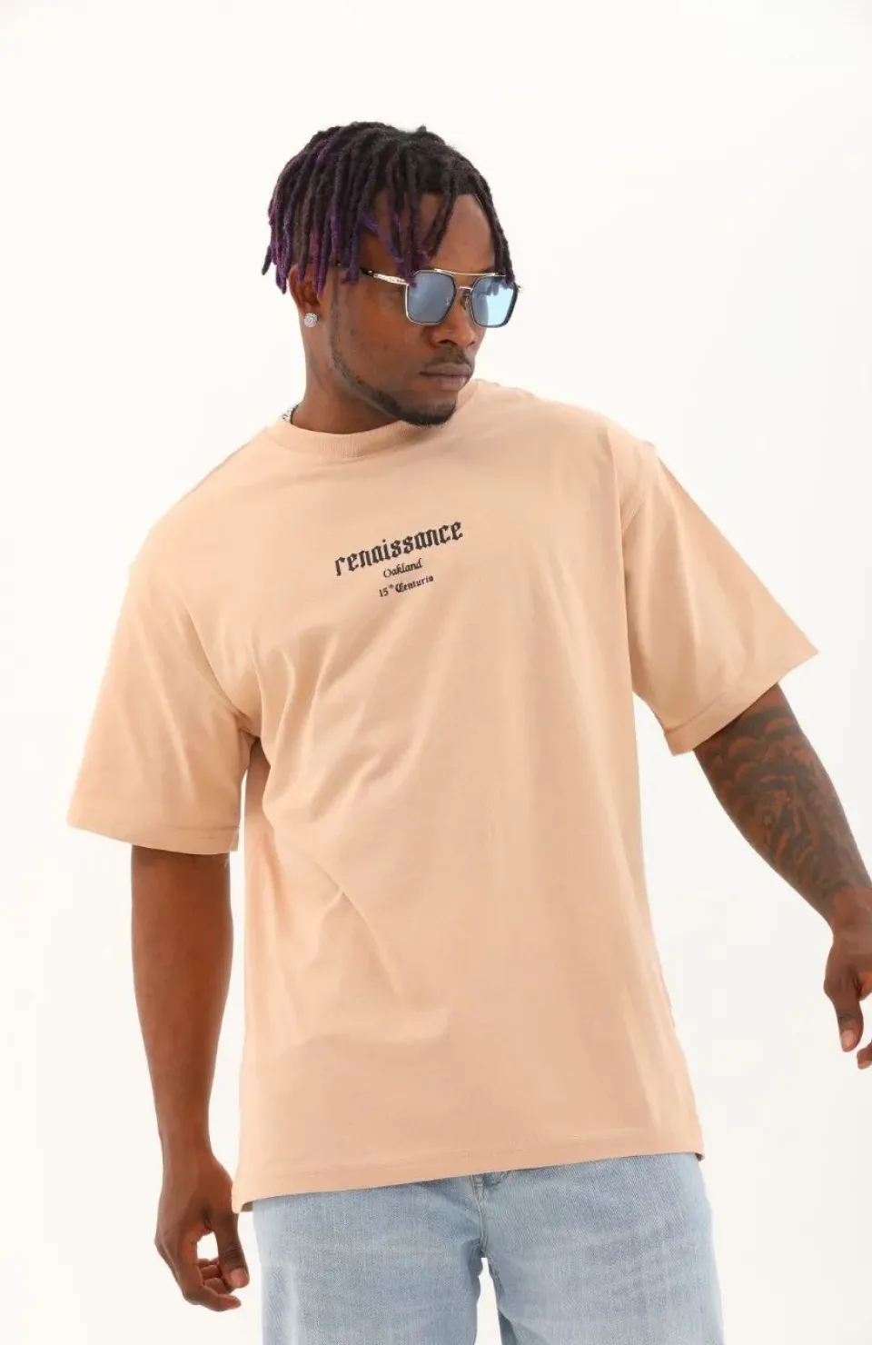 Unisex Oversize Baskılı Bisiklet Yaka T-Shirt - Bej