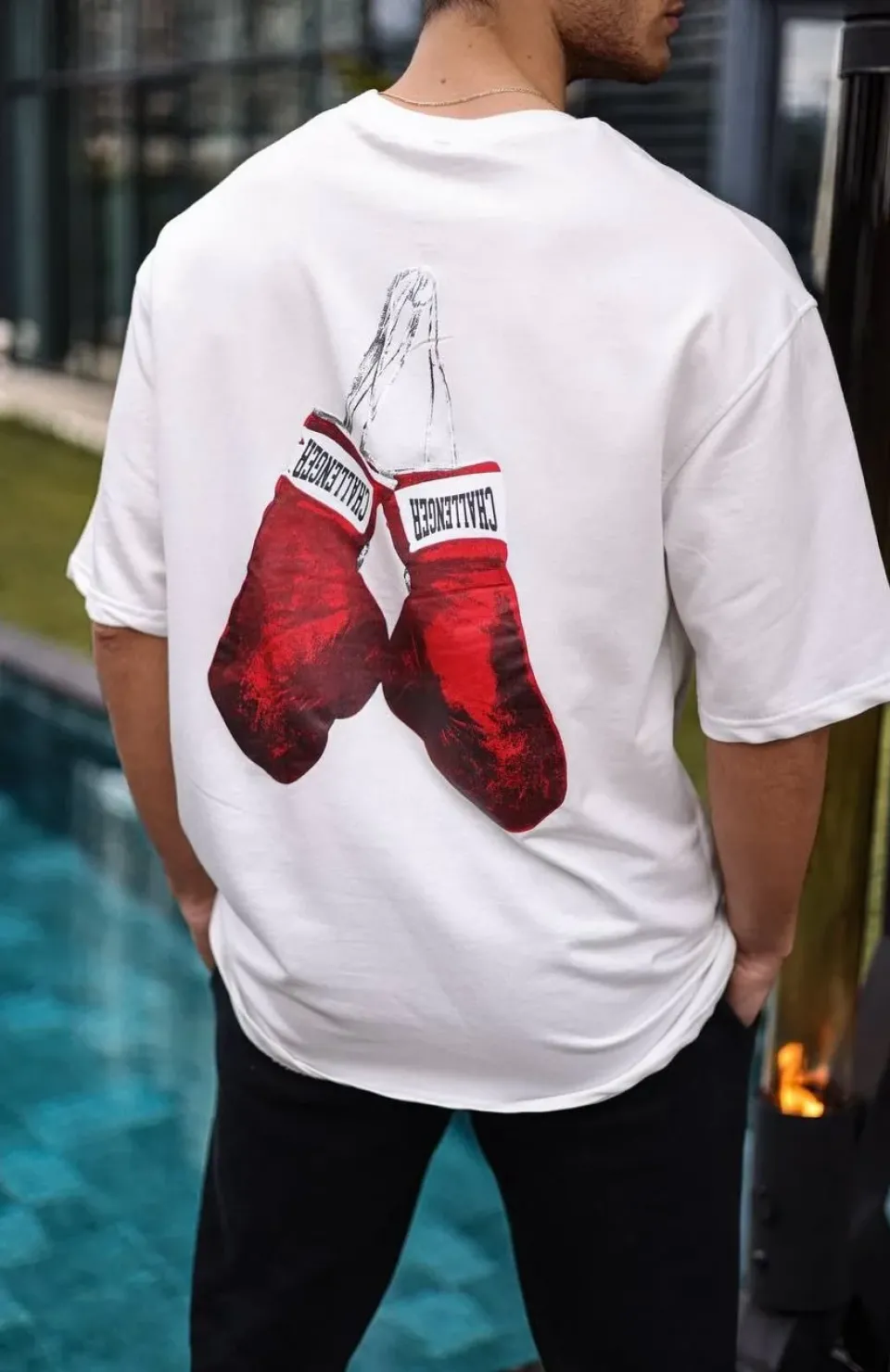 Unisex Bisiklet Yaka Baskılı Oversize T-Shirt - Beyaz