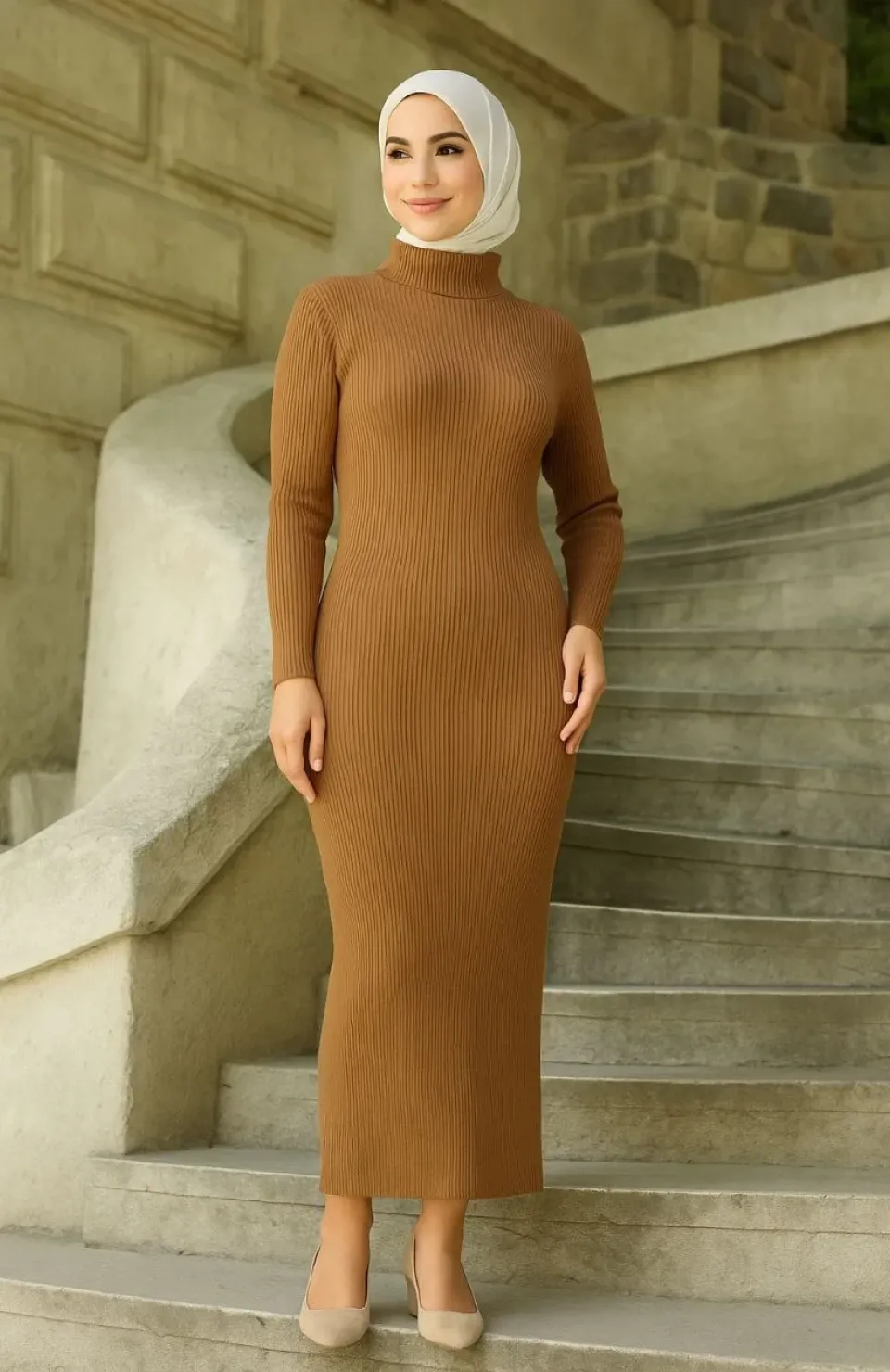 Kadın Tesettür Triko Elbise – Boğazlı Uzun Fitilli Dokuma, Esnek Tam Kalıp, 130 cm Midi Boy, Bahar & Kış Şık Rahat Stil - Kahverengi