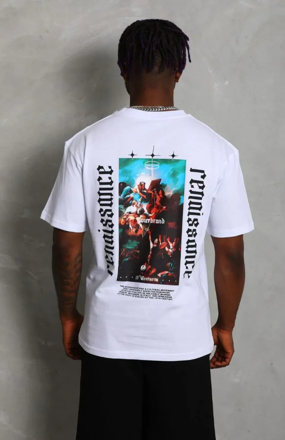 Unisex Oversize Baskılı Bisiklet Yaka T-Shirt - Beyaz