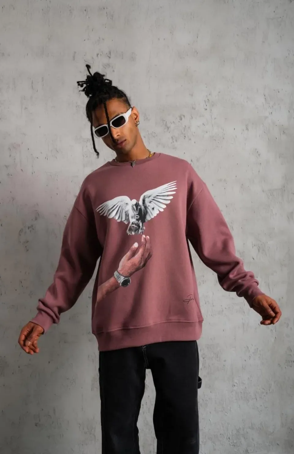 Erkek Güvercin Baskılı Sweatshirt - Gül Kurusu Somersan Giyim | Kadın, Erkek ve Çocuk Moda