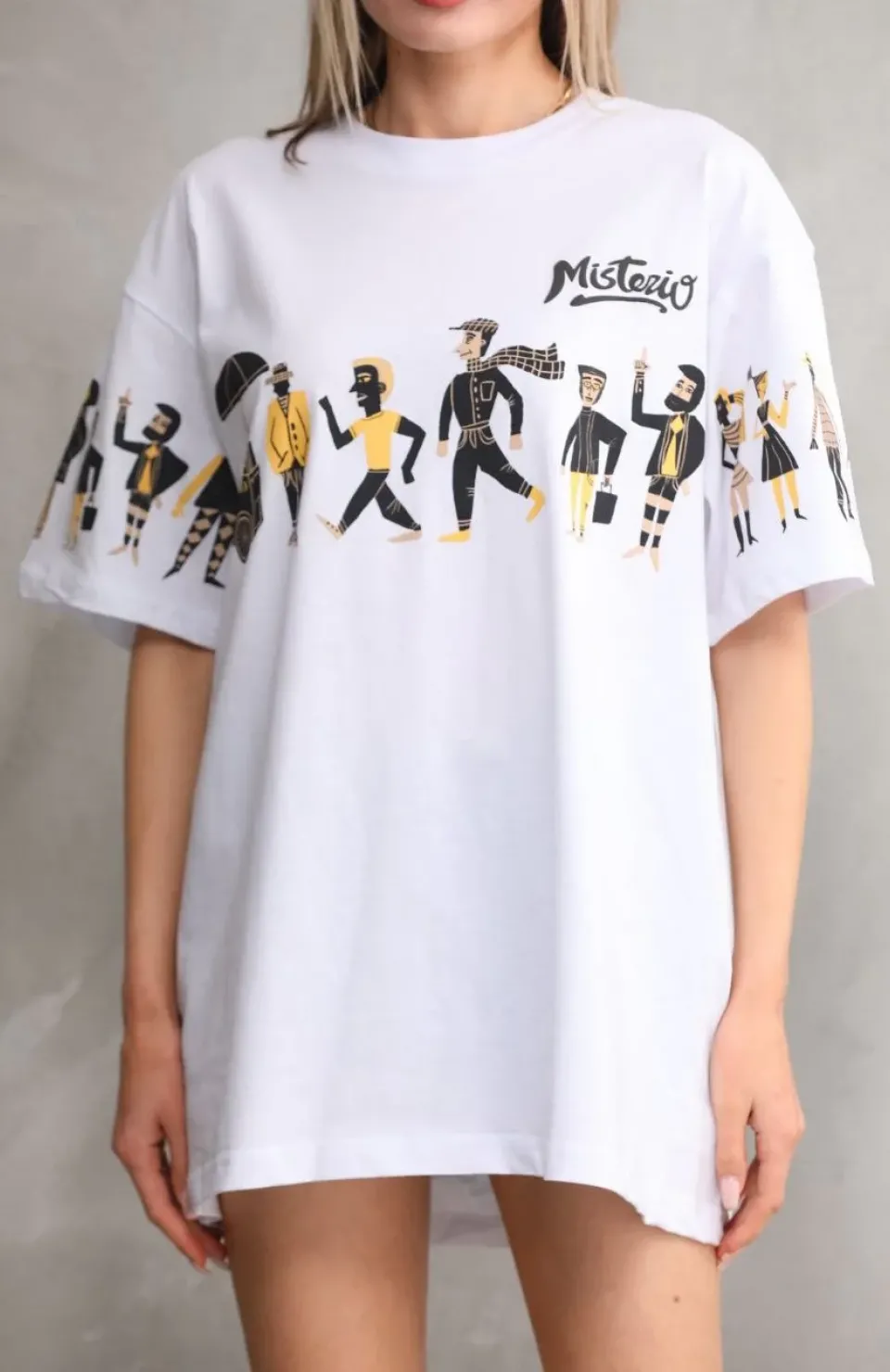 Unisex Bisiklet Yaka Baskılı Oversize T-Shirt - Beyaz