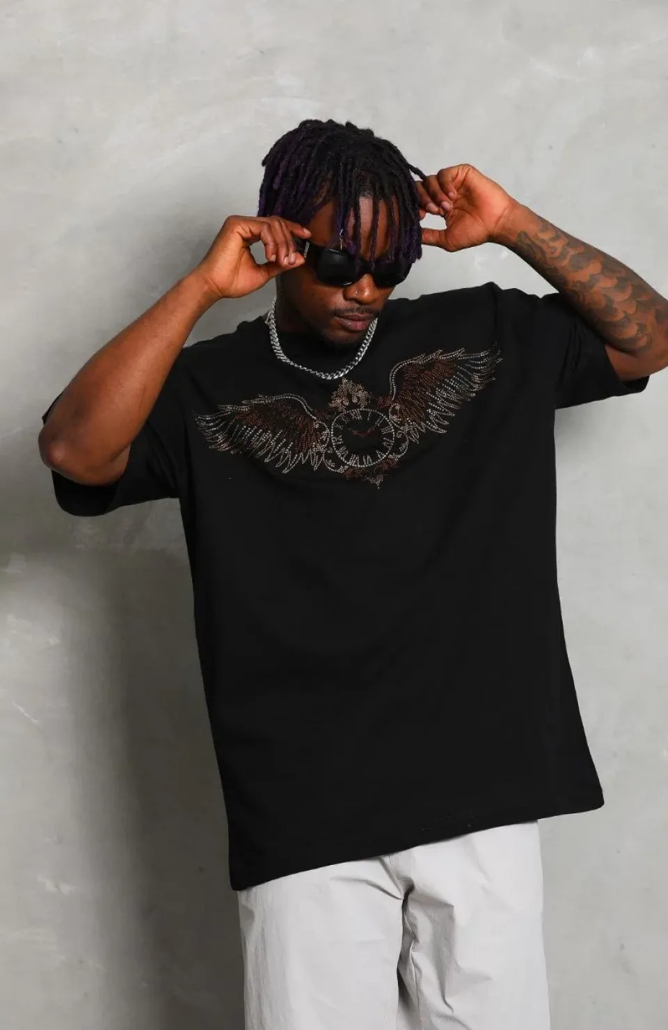 Unisex Oversize Taşlı Bisiklet Yaka T-Shirt - Siyah