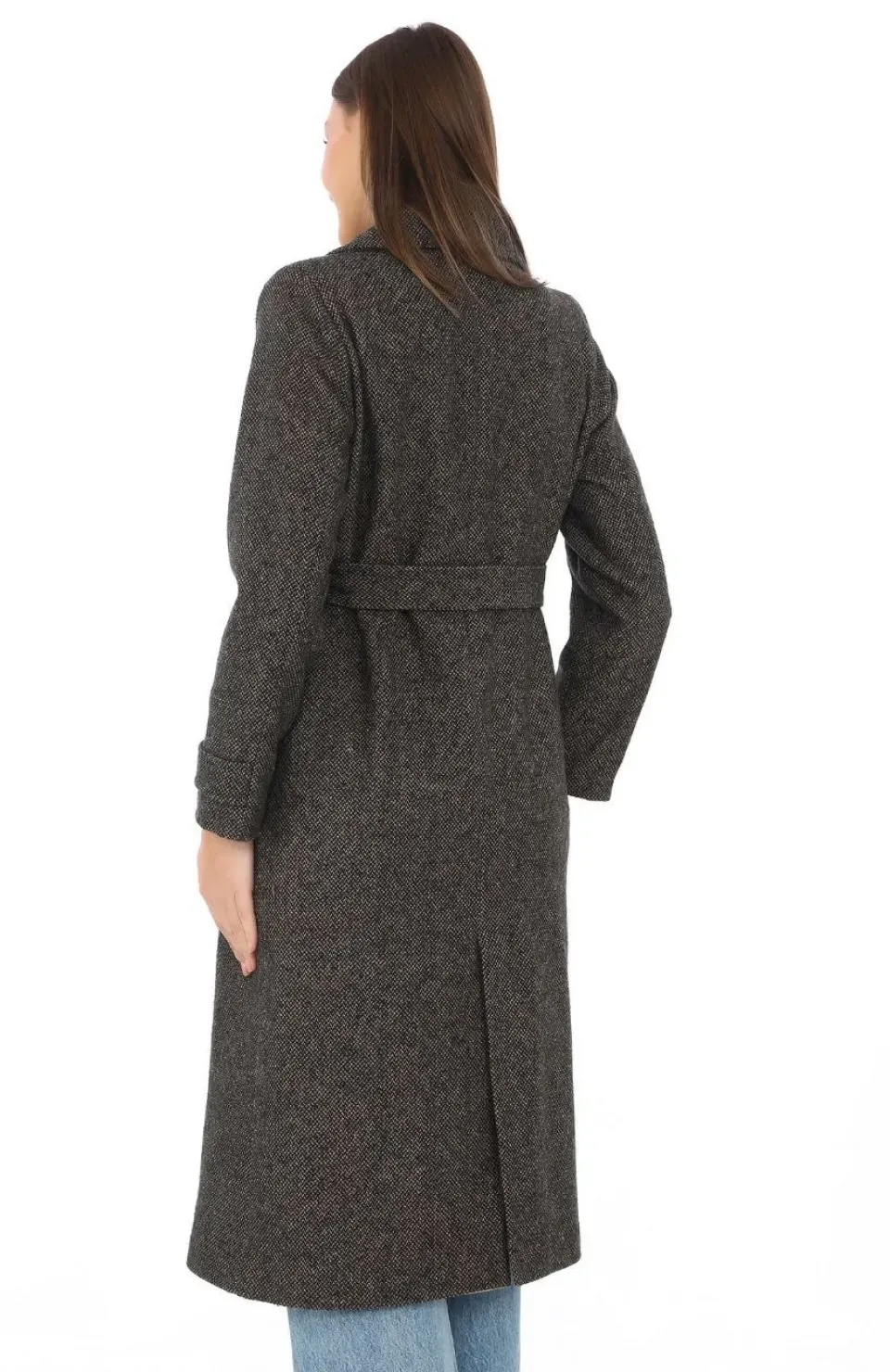 Kadın Balık Sırtı Kaşmir Uzun Kaşe Kaban - Kahverengi