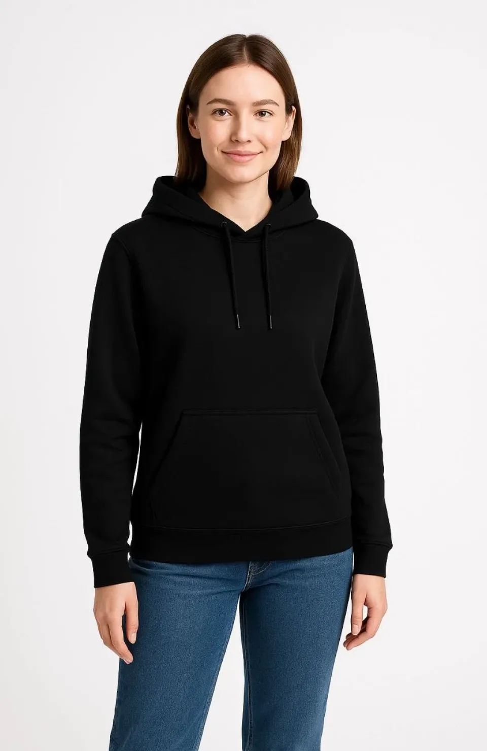 Kadın Üç İplik Kapüşonlu Kanguru Cepli Sweatshirt hoodie - Siyah
