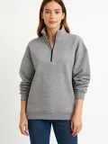 Kadın Üç İplik Dık Yaka Yarım Fermuarlı SweatShirt - Gri