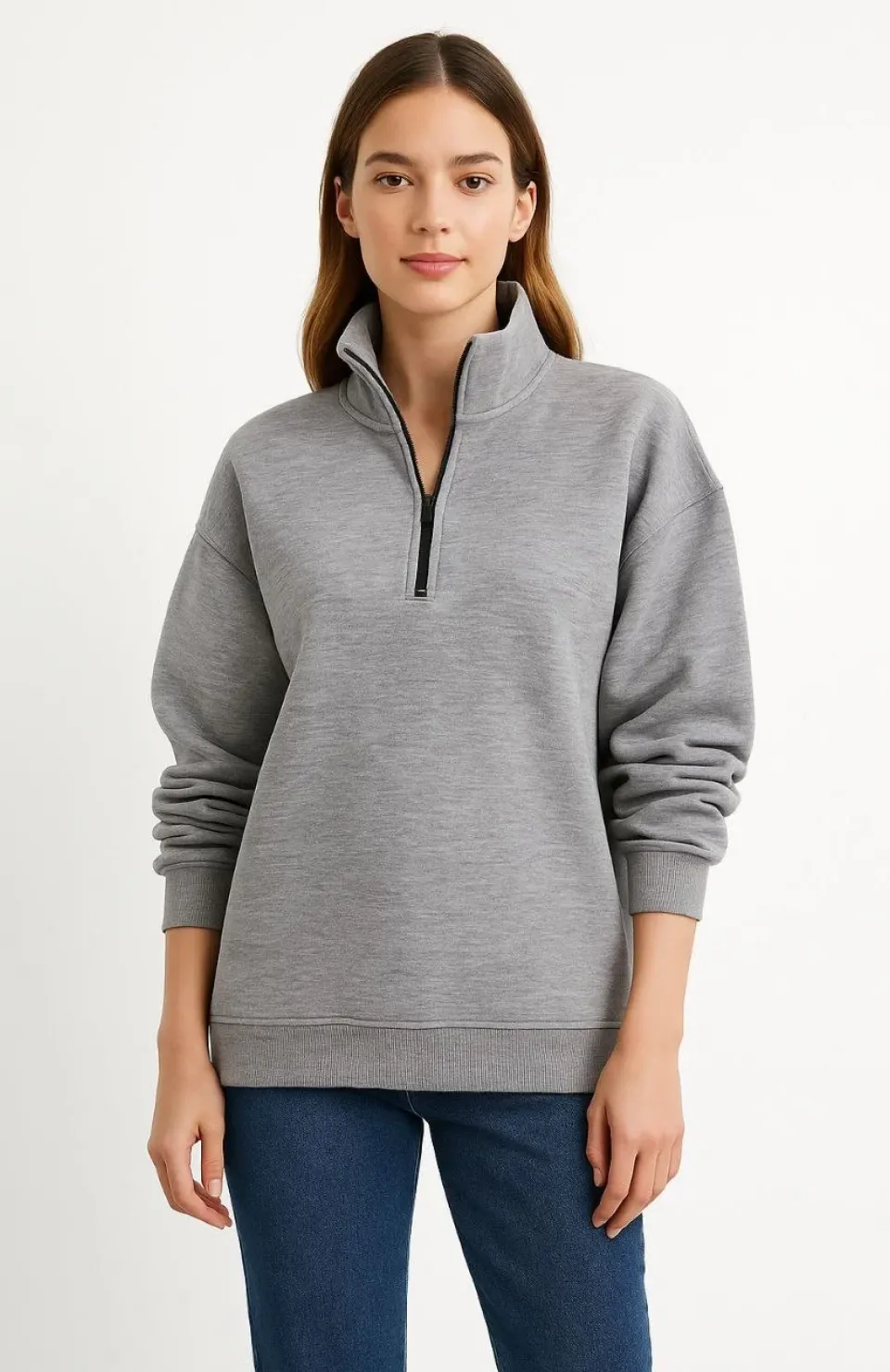 Kadın Üç İplik Dık Yaka Yarım Fermuarlı SweatShirt - Gri