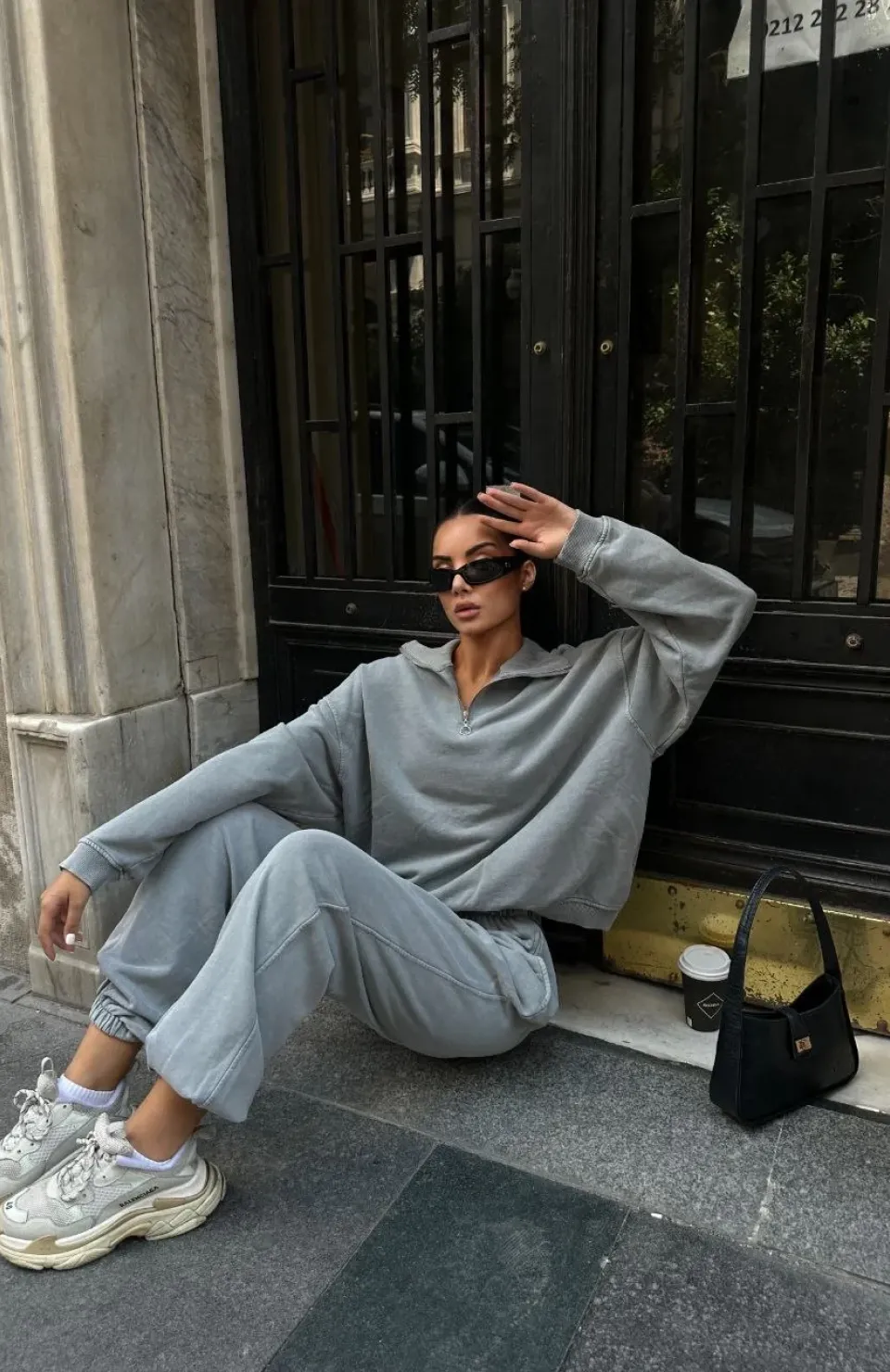 Yıkamalı iki iplik Kumaş Yakalı Fermuarlı Oversize Eşofman Takımı - Gri