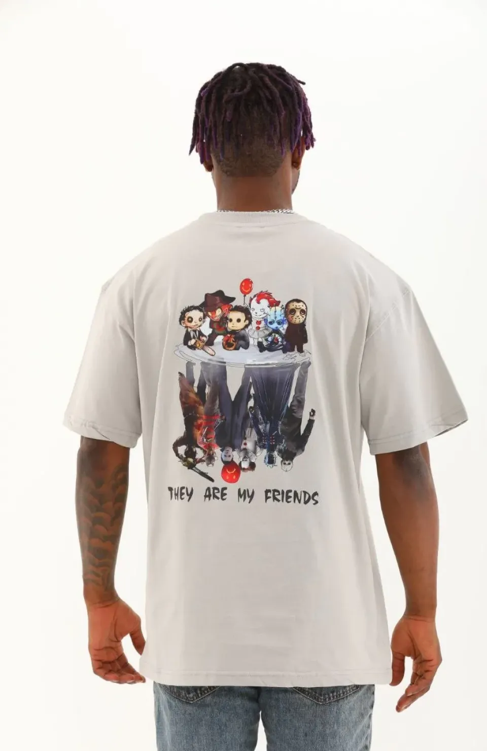 Unisex Oversize Baskılı Bisiklet Yaka T-Shirt - Gri