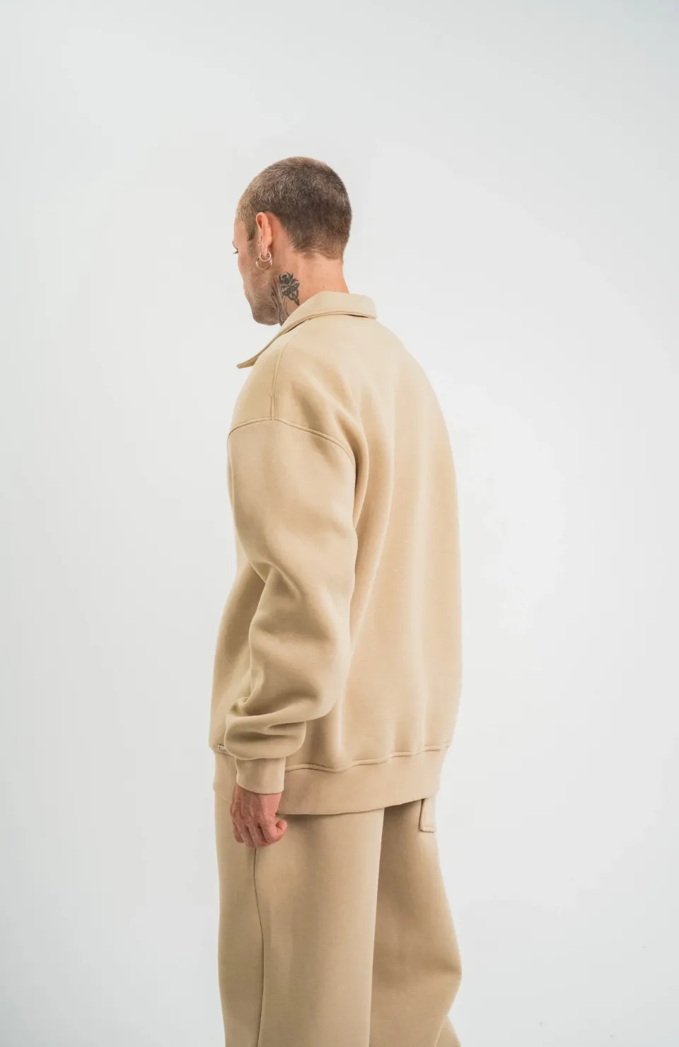 Unisex Double Oversize Patlı Yaka SweatShirt - Bej