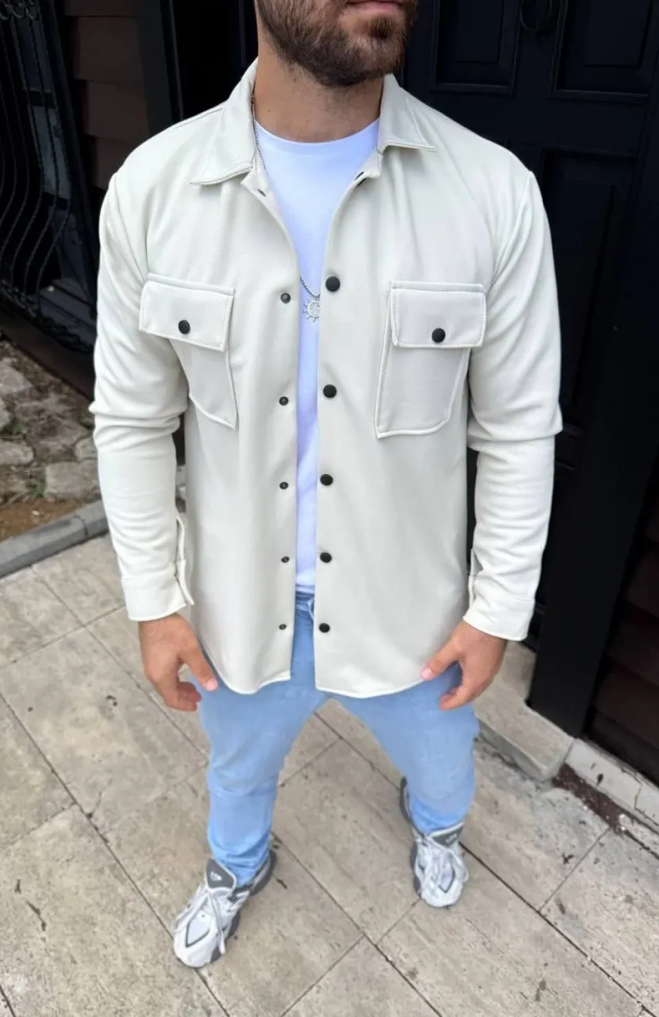 Erkek Diagonal Kumaş Cepli Çıtçıtlı uzun Kollu, Gömlek Oversize Rahat Kalıp Günlük Şık Stil - Beyaz