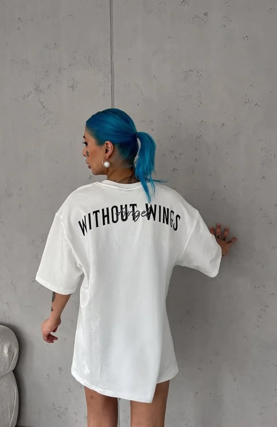 Unisex Bisiklet Yaka Baskılı Oversize T-Shirt - Beyaz