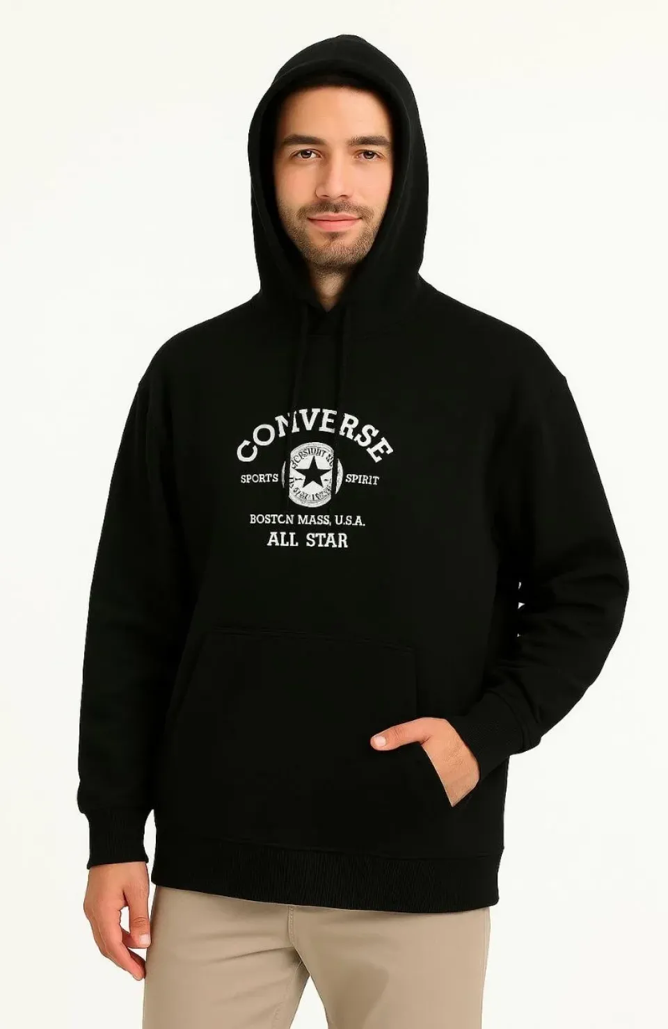 Erkek Kapşonlu Sweatshirt – Üç İplik Şardonlu Kumaş, Oversize Fit, Ön & Arka Baskılı, Kanguru Cepli, Kışlık Rahat Hoodie- Siyah