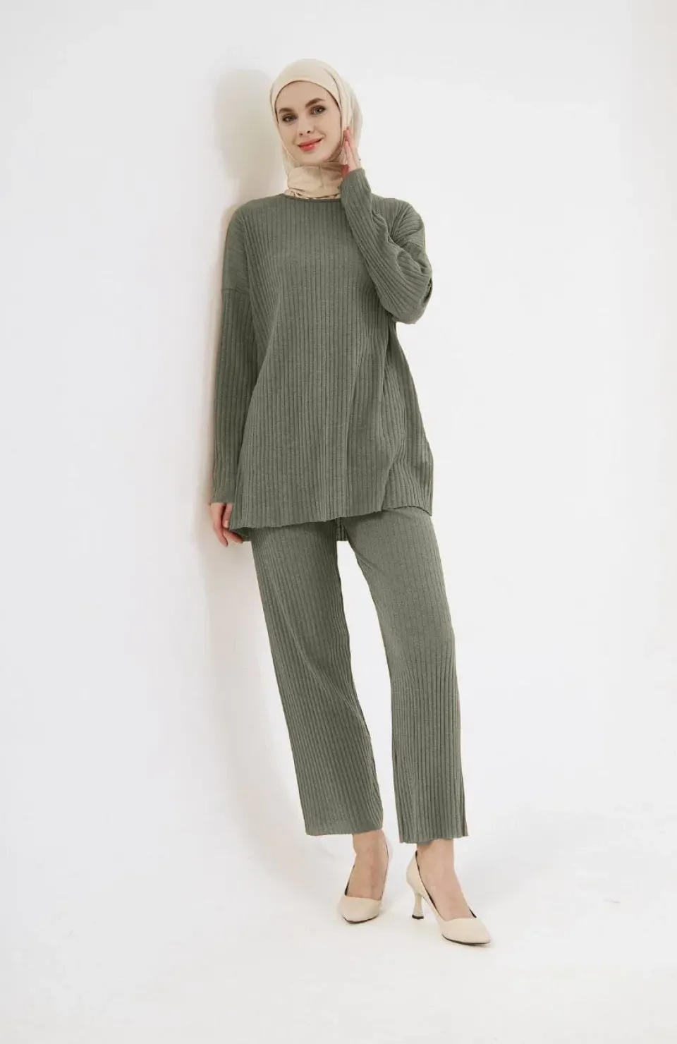 Uzun Kollu Organik Yıkanmış Kumaş Fitilli Pantolonlu Takım - Yeşil Somersan Giyim | Kadın, Erkek ve Çocuk Moda