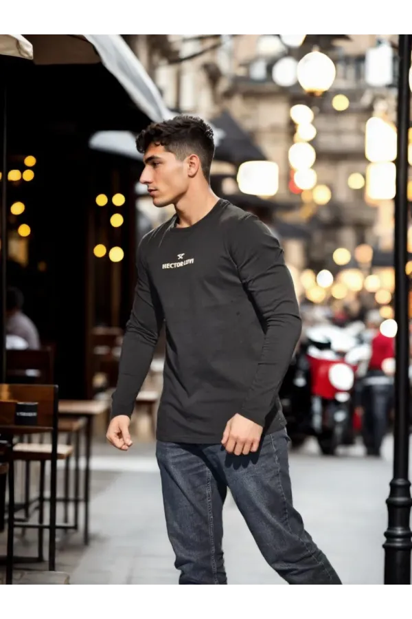 Unisex Bisiklet Yaka Uzun Kollu T-Shirt - Siyah