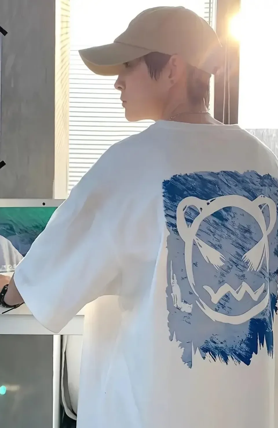 20/1 Penye Compack Bisiklet Yaka Kore tarzı sevimli ayı baskı Kısa Kol Erkek t-shirt - Beyaz