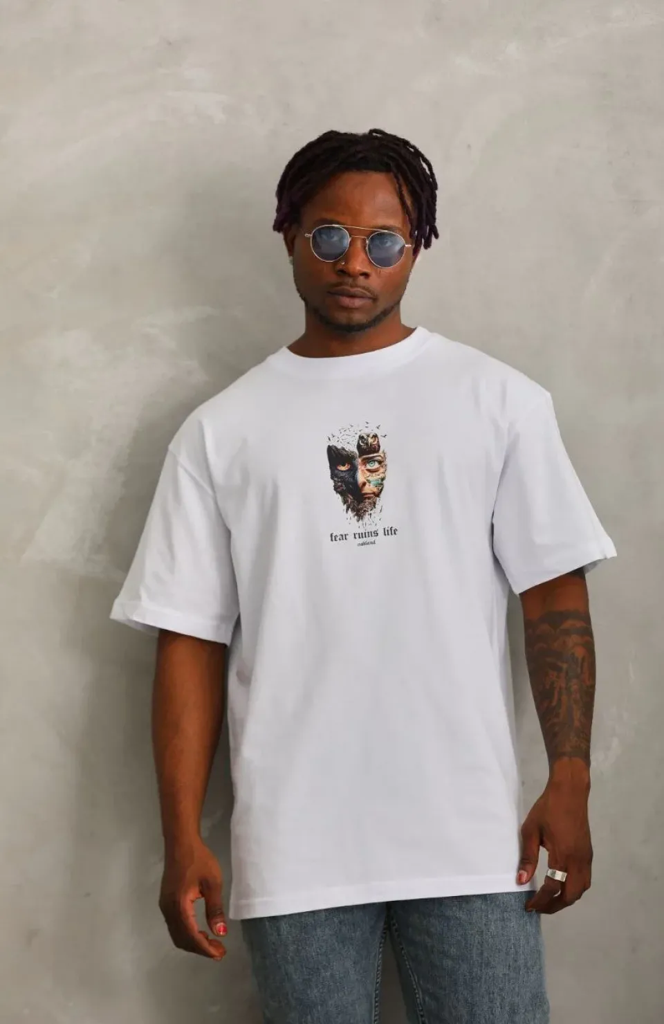 Unisex Oversize Baskılı Bisiklet Yaka T-Shirt - Beyaz