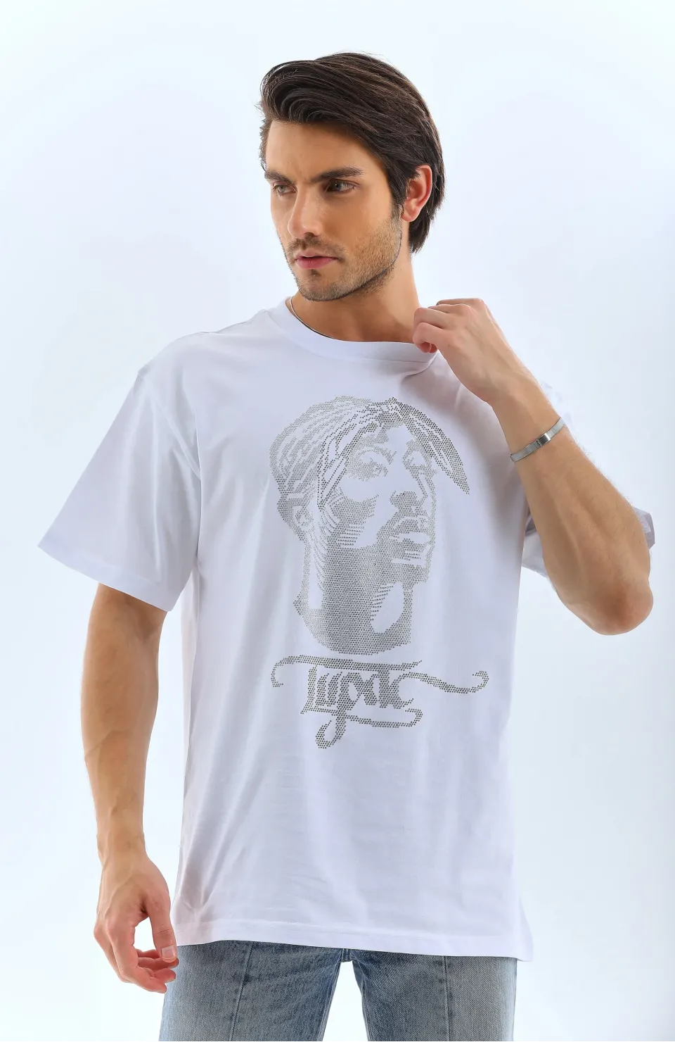 Unisex Oversize Taşlı Bisiklet Yaka T-Shirt - Beyaz