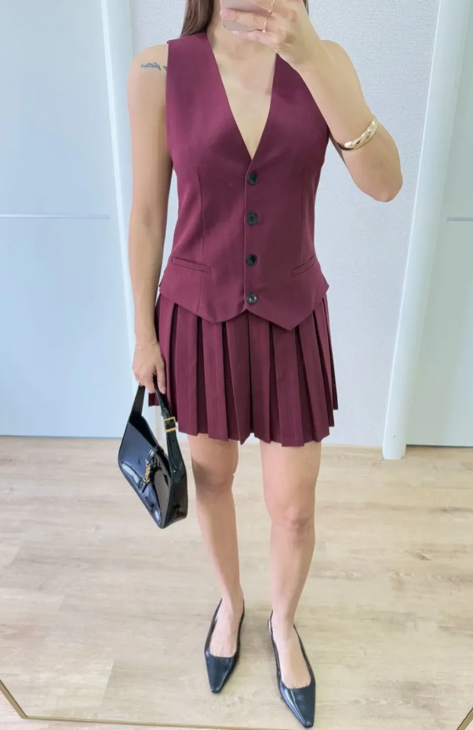 Keten Takım Görünümlü Düğme Detaylı Yelekli Mini Elbise - Bordo