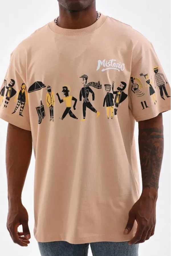 Unisex Bisiklet Yaka Baskılı Oversize T-Shirt - Bej