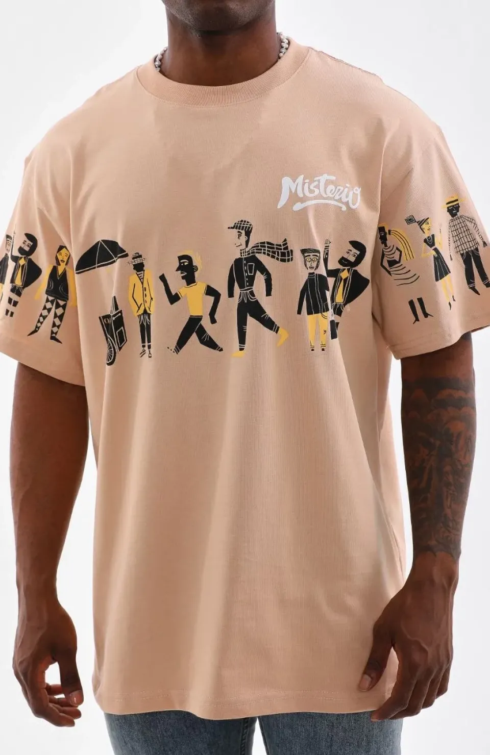 Unisex Bisiklet Yaka Baskılı Oversize T-Shirt - Bej