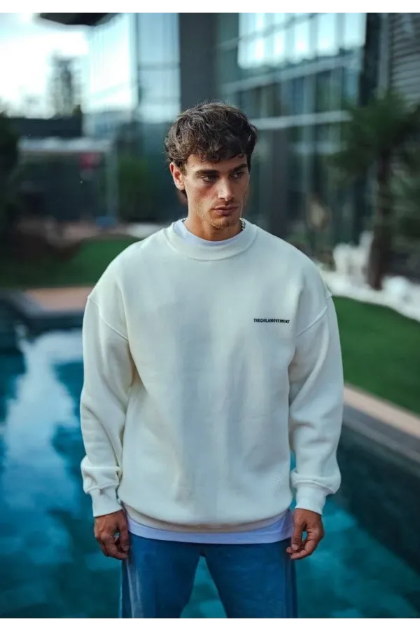 Kışlık Bisiklet Yaka Oversize Baskılı SweatShirt - Beyaz