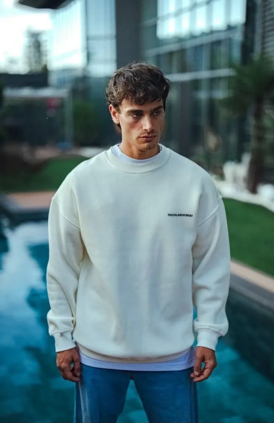 Kışlık Bisiklet Yaka Oversize Baskılı SweatShirt - Beyaz