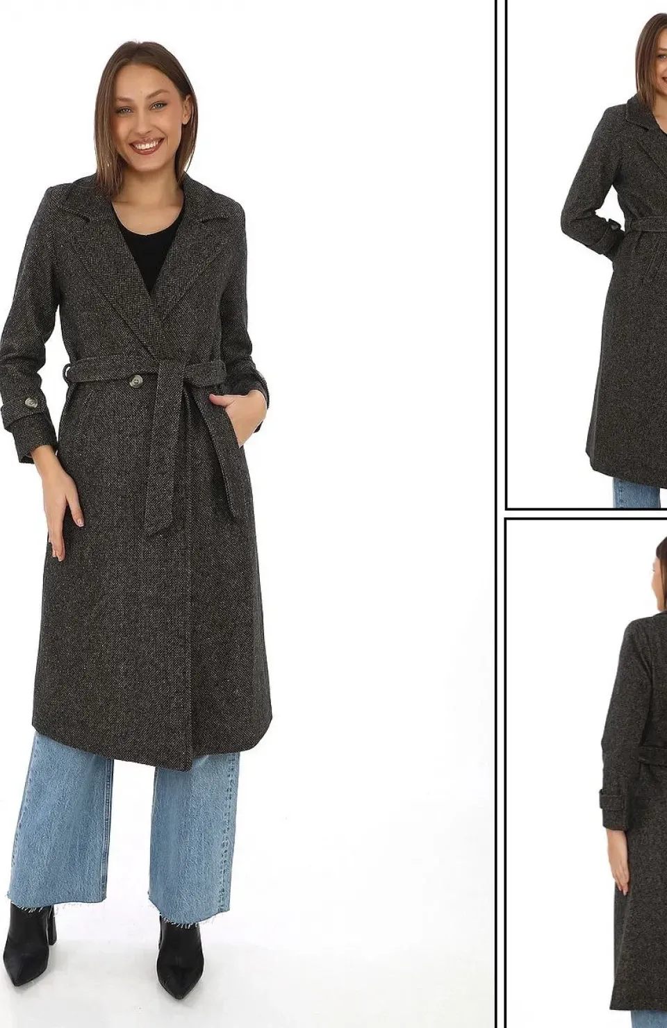 Kadın Astarlı Balık Sırtı Kaşmir Kaşe Kaban - Kahverengi