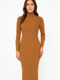 Kadın Boğazlı Triko Elbise – Uzun Fitilli Esnek Dokuma, Tam Kalıp, Kışlık & Baharlık Şık Rahat Stil, 130 cm Midi Boy Elbise - Kahverengi