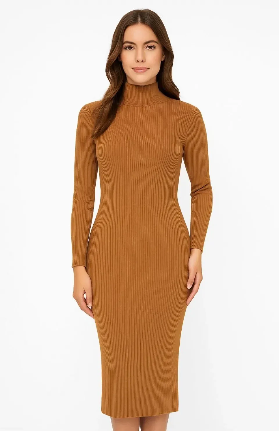 Kadın Boğazlı Triko Elbise – Uzun Fitilli Esnek Dokuma, Tam Kalıp, Kışlık & Baharlık Şık Rahat Stil, 130 cm Midi Boy Elbise - Kahverengi