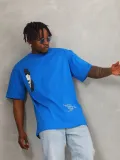 Unisex Oversize Baskılı Bisiklet Yaka T-Shirt - Mavi