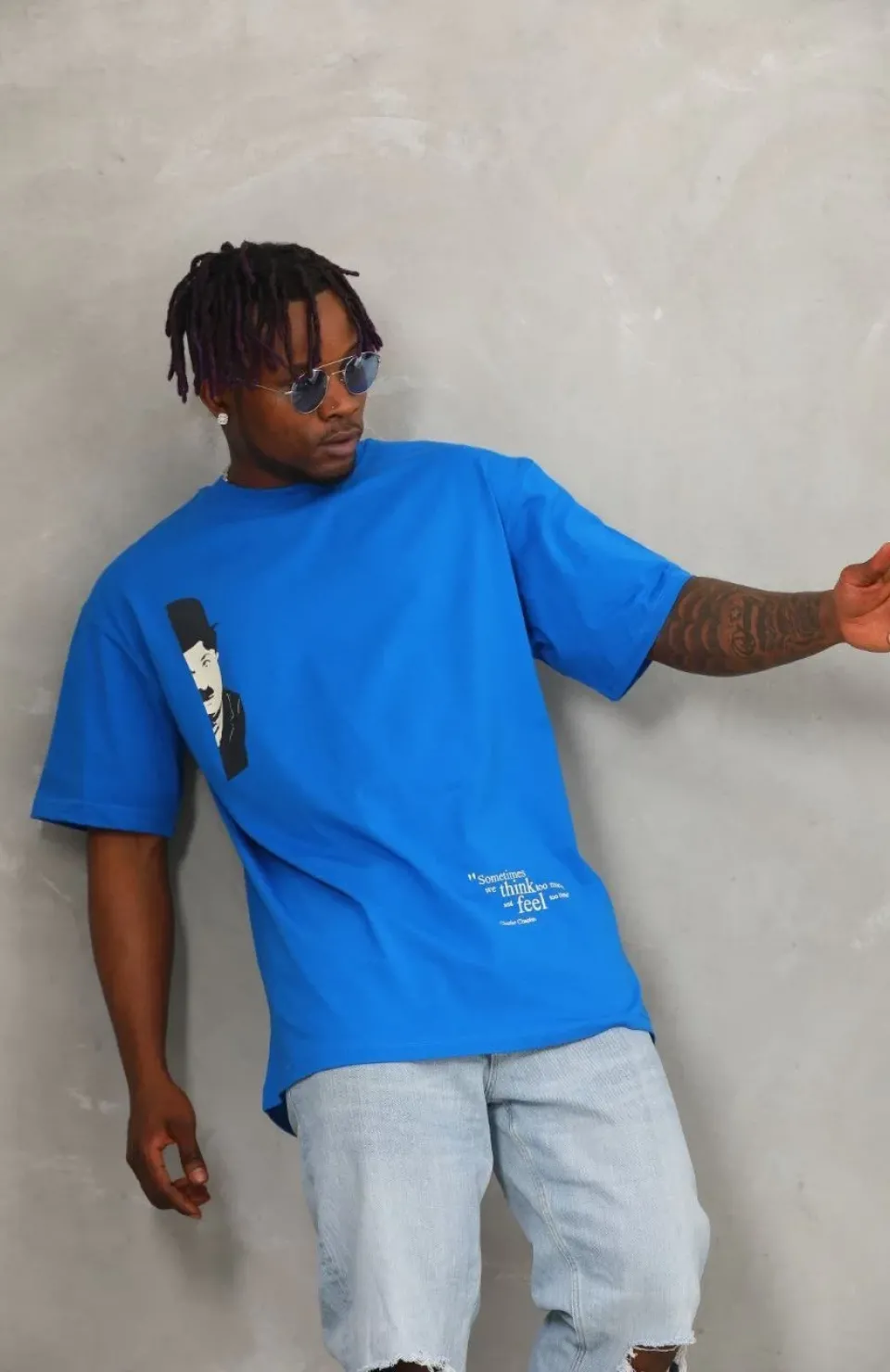 Unisex Oversize Baskılı Bisiklet Yaka T-Shirt - Mavi