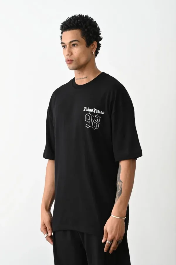 Unisex Baskılı Oversize T-Shirt - Siyah