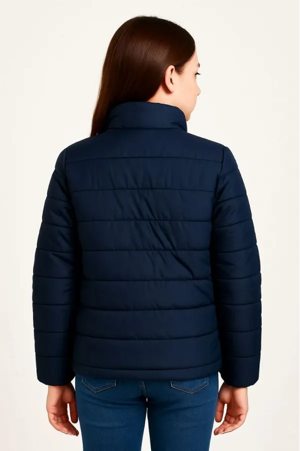 Kız Çocuk Şişme Mont Hafif ve Sıcak Tutucu Kışlık Fermuarlı Su İtici Rahat Günlük Mont Kapüşonuz Modern Tasarım - Lacivert