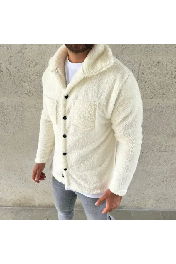 Erkek Pelüş Polar Hırka Gömlek – Yakalı, İlik Düğmeli, Göğüs Cepli, Yumuşak Dokulu Kışlık Regular Fit Rahat Günlük Model - Beyaz