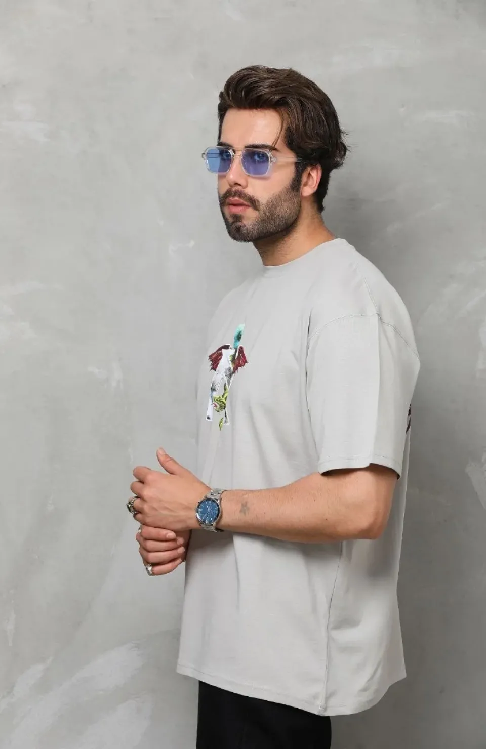 Unisex Bisiklet Yaka Baskılı Oversize T-Shirt - Gri