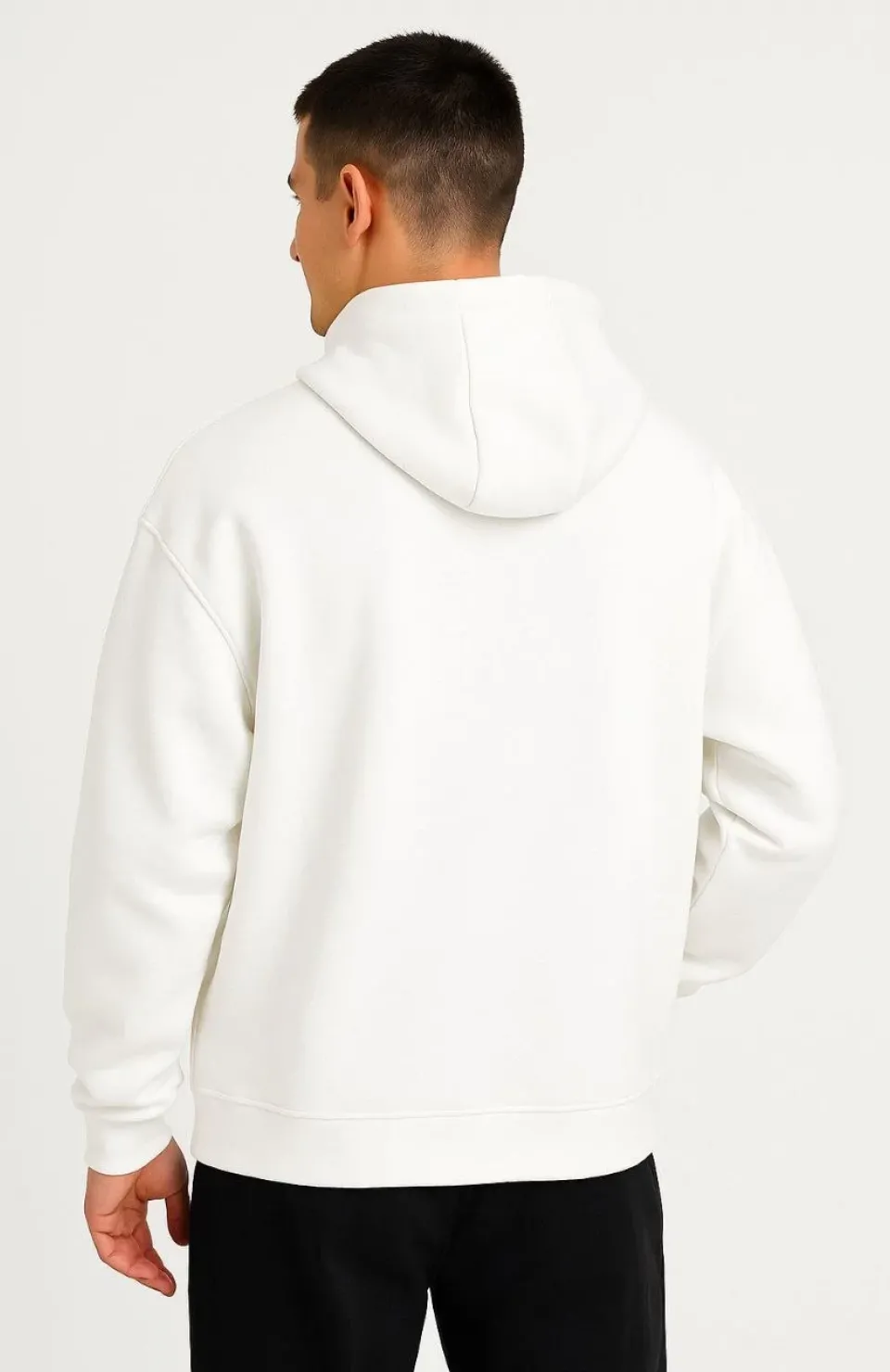 Erkek Ovarsize Kapüşonlu Swetshirt Kanguru Çepli Cıtcıtlı 3 iplik Şardonlu Hoodie - Beyaz