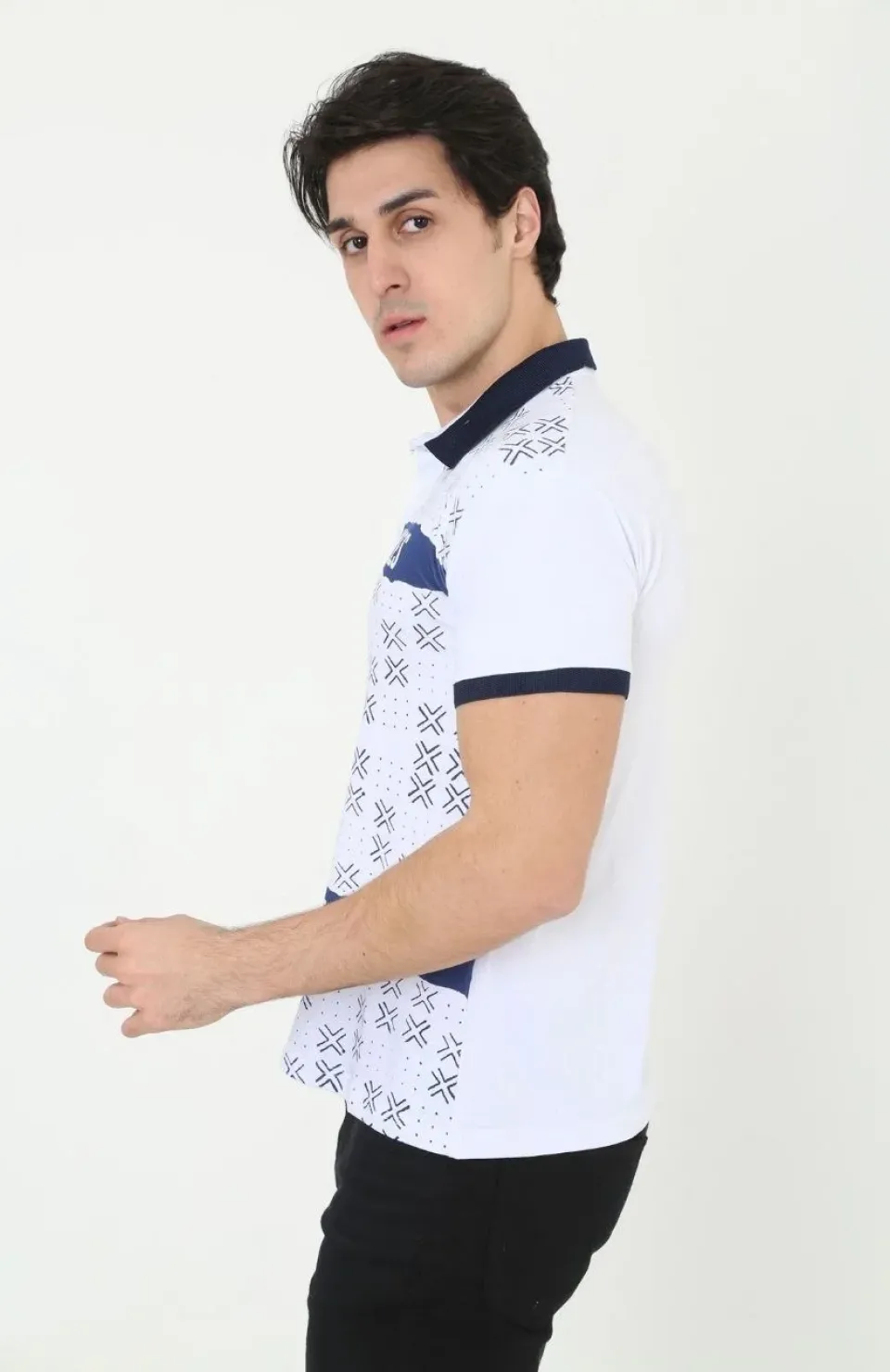 Erkek Yakalı Slim Fit Baskılı T-Shirt - Beyaz