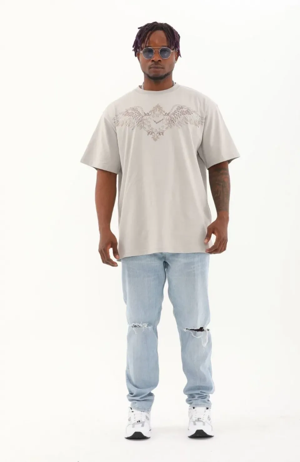 Unisex Oversize Taşlı Bisiklet Yaka T-Shirt - Gri