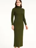 Kadın Boğazlı Triko Elbise – Uzun Fitilli Esnek Dokuma, Tam Kalıp, Kışlık & Baharlık Şık Rahat Stil, 130 cm Midi Boy Elbise - Haki